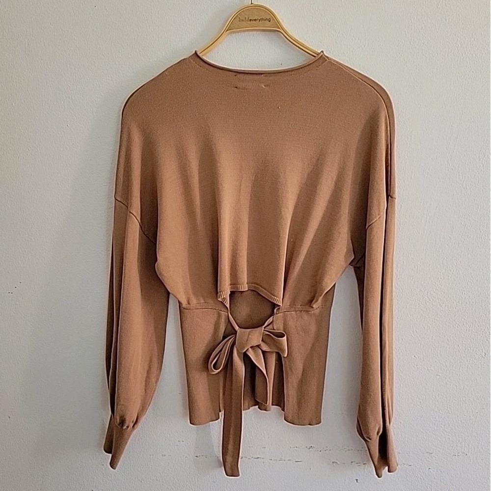 Nordstrom Open Edit Tie Back‎ Sweater Tan Medium Rolled Crewneck Balloon Sleeve